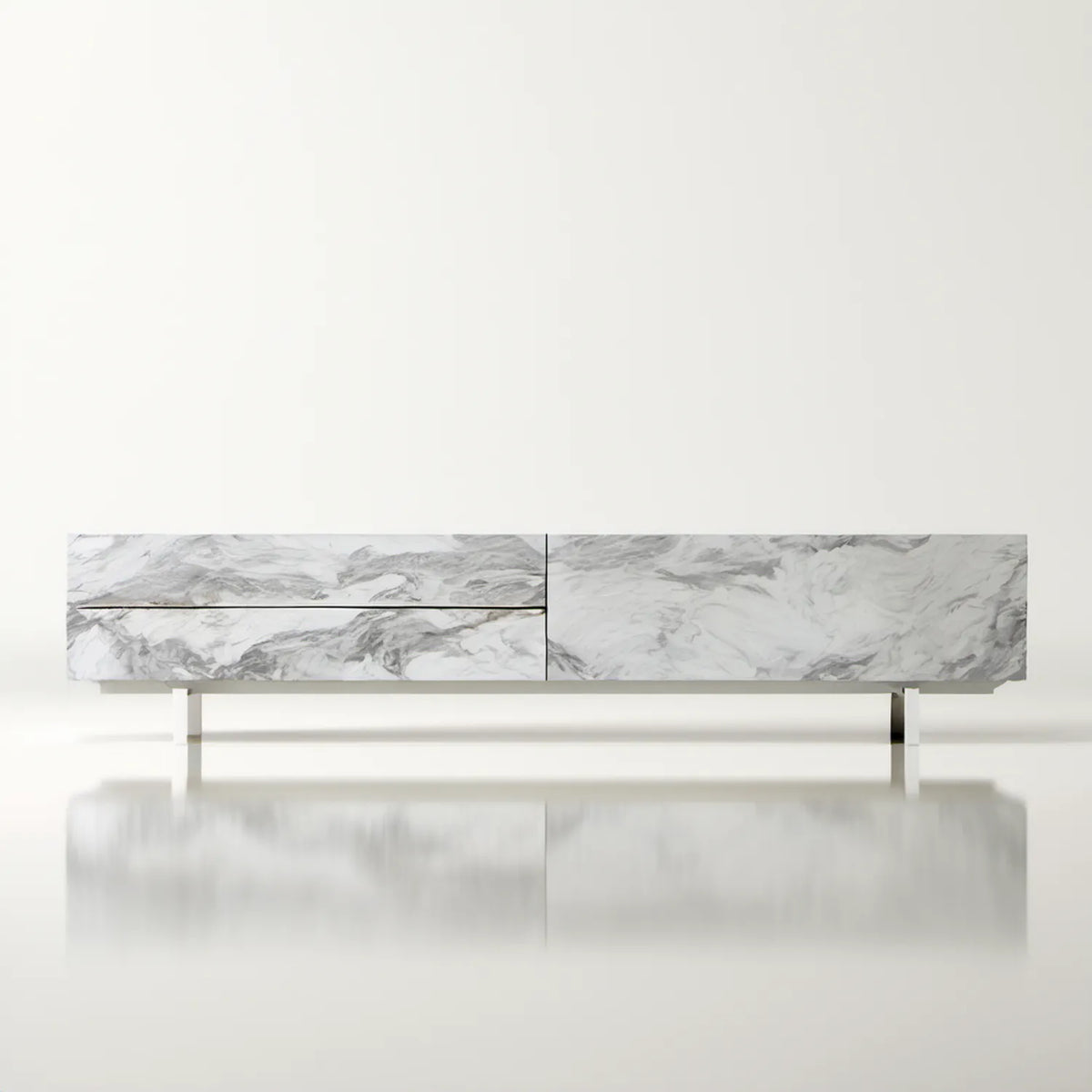 Biała szafka RTV z dekorem marmuru 160 x 40 x 45 cm